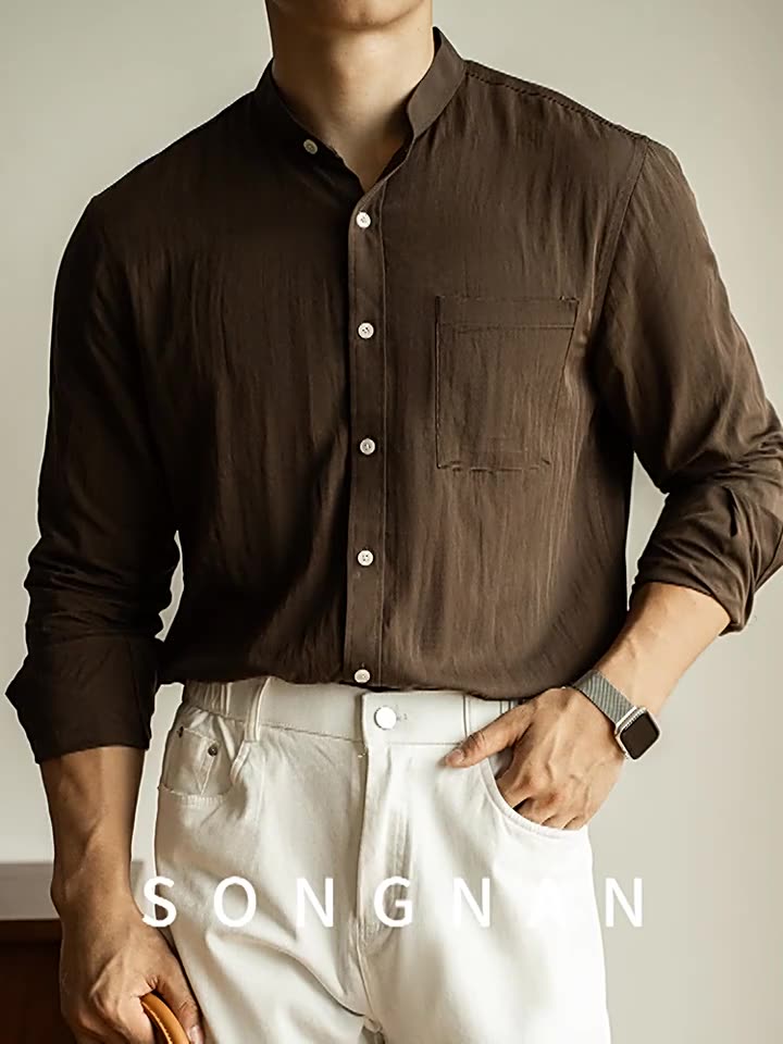 SONGNAN春秋高级感休闲衬衫男士长袖免烫商务通勤新中式立领衬衣