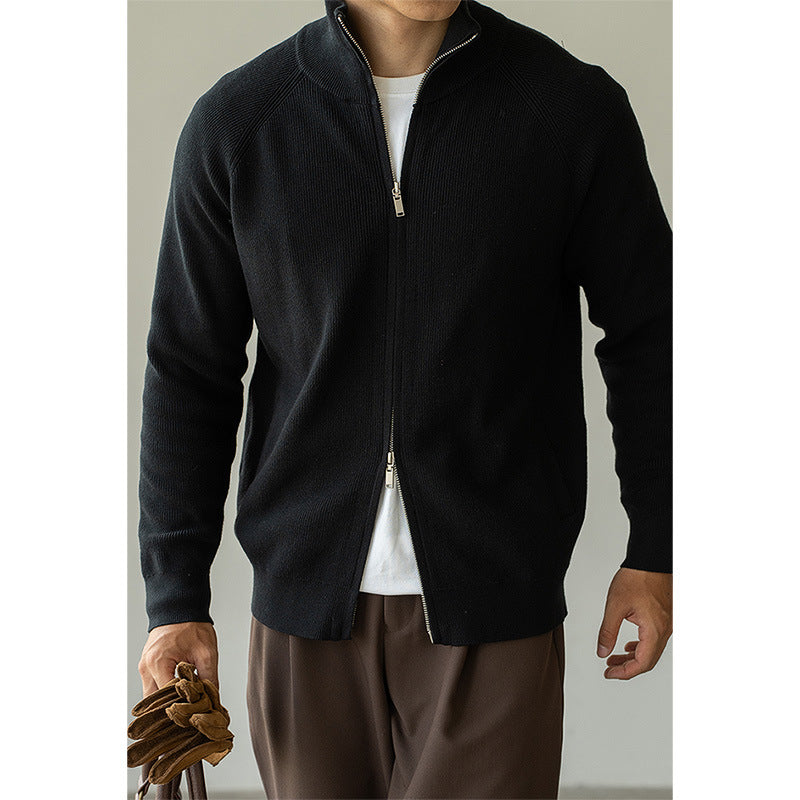 棉羊毛混纺12针插肩袖双拉链针织开衫男士2025秋季半开领新款外套
