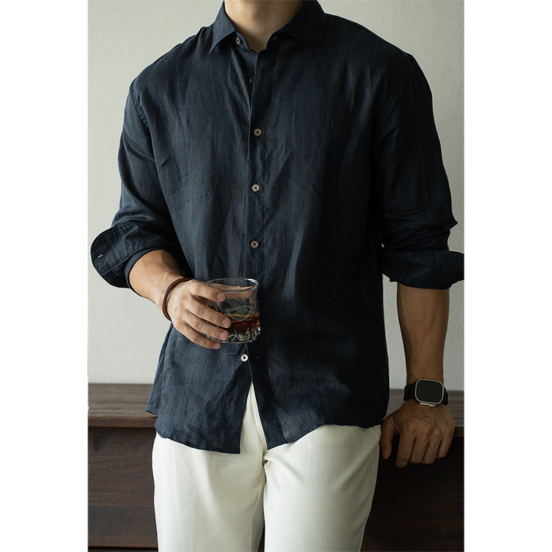 【亚麻】意式老钱风翻领长袖衬衫男士2025秋冬慵懒休闲新款衬衣男