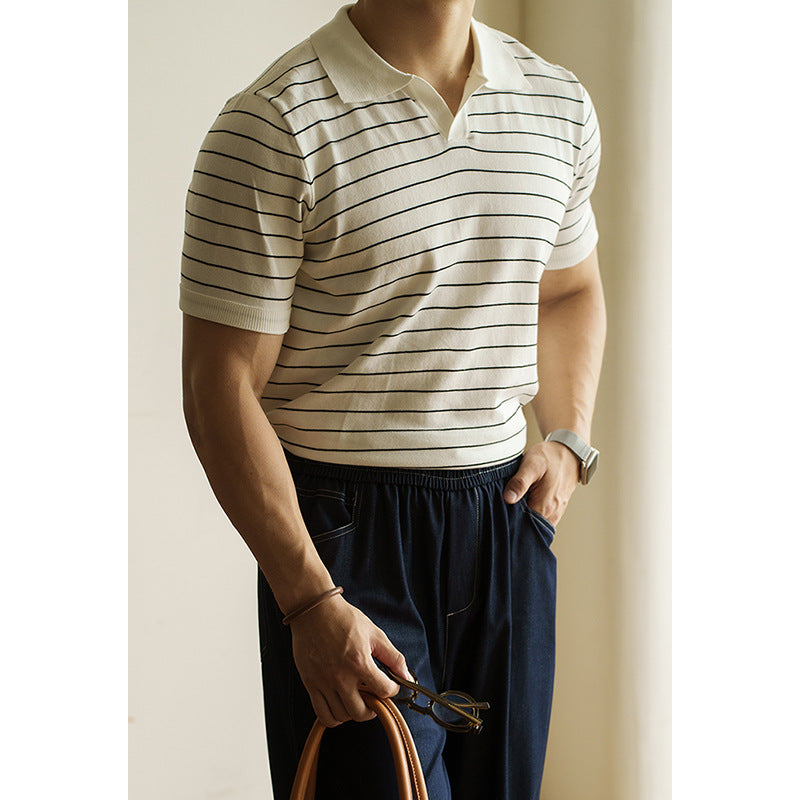 轻商务修身休闲条纹翻领潮流POLO衫男2025夏新款简约运动短袖T恤K