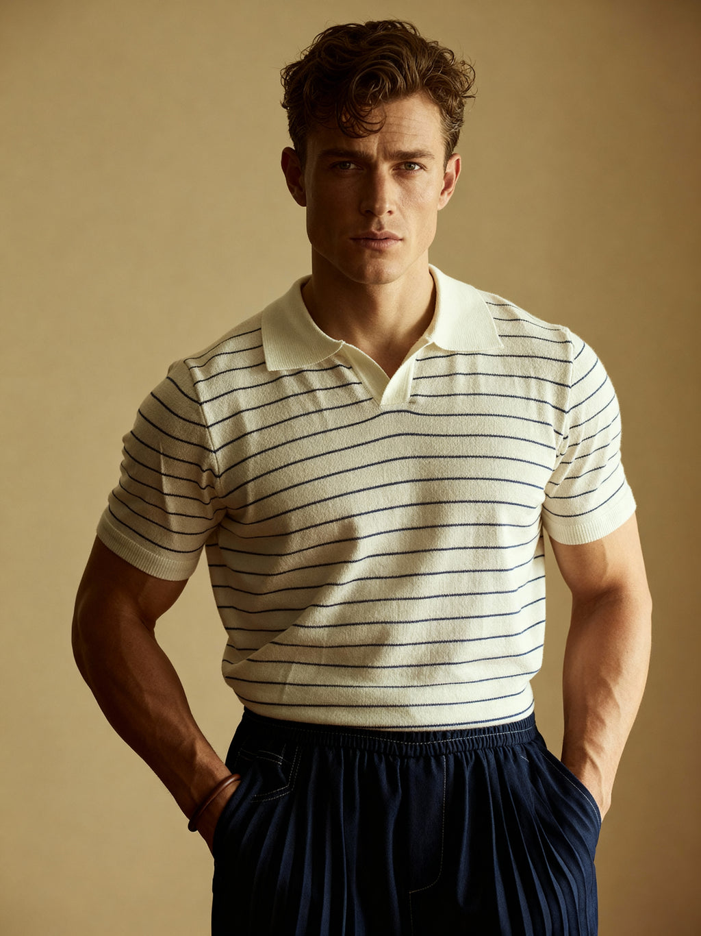 American-style striped turn-down collar polo t-shirt