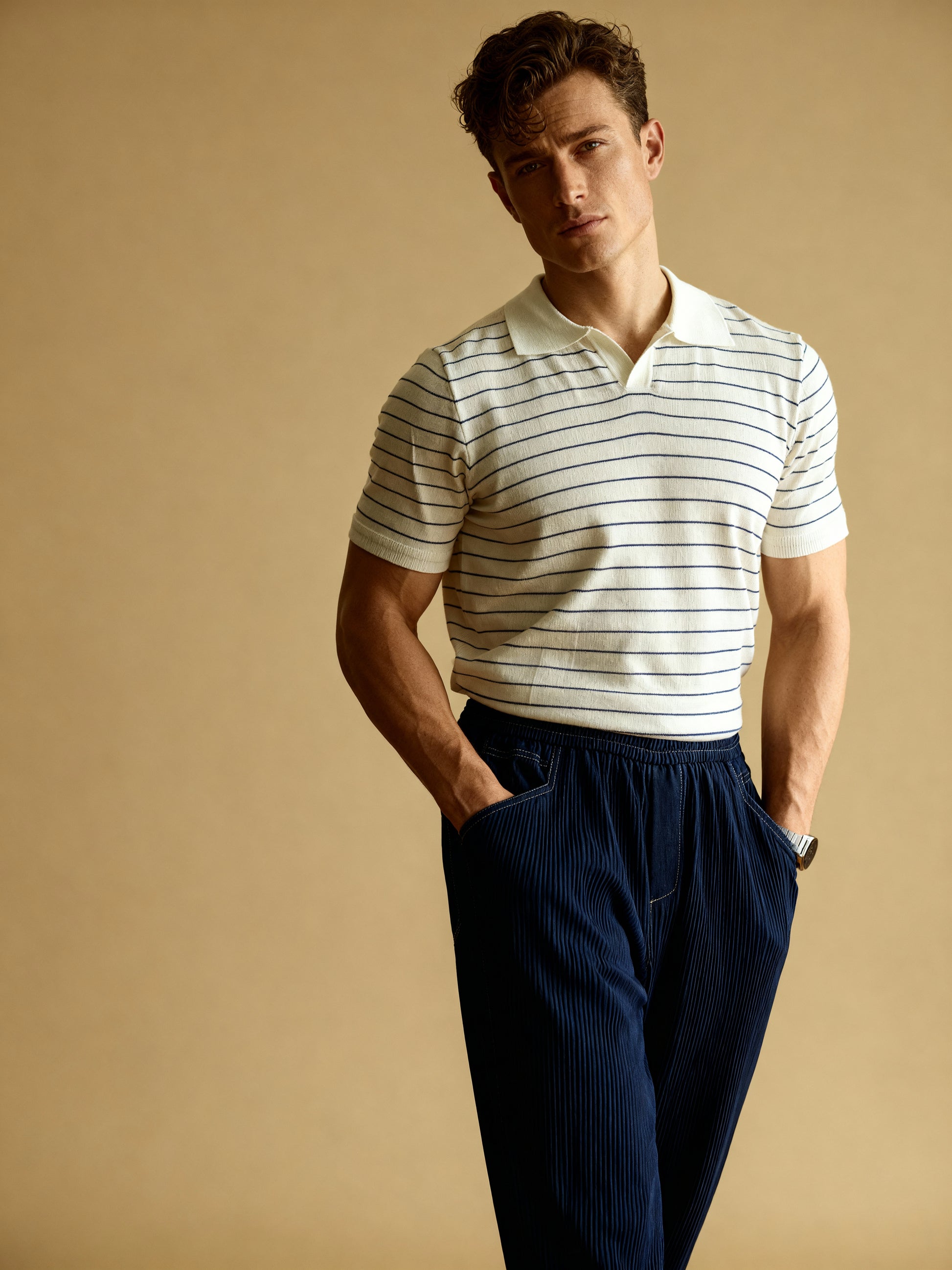 American-style striped turn-down collar polo t-shirt