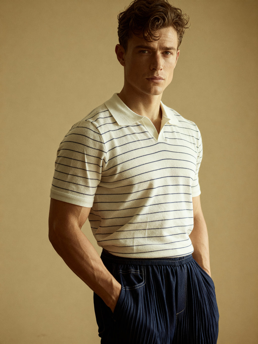 American-style striped turn-down collar polo t-shirt